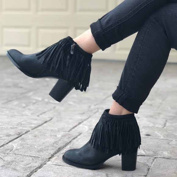 Boho Cascading Fringe Chunky Heel Ankle Booties - Picture 2 of 8